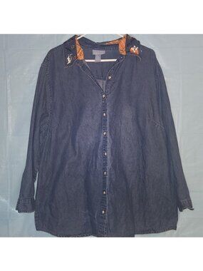 Liz & Me, Women's Halloween Denim Blue Shirt with Embroidered Collar Detail, 2X
